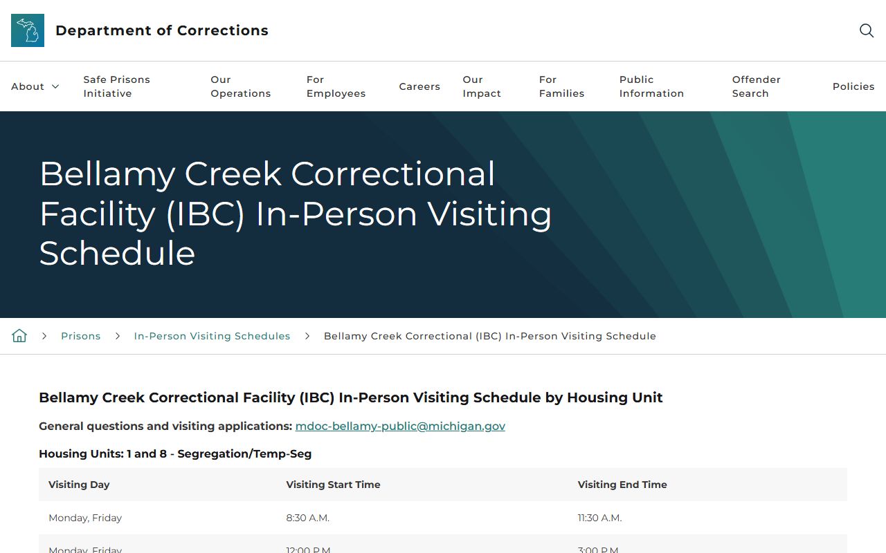Bellamy Creek Correctional Facility inmate visiting schedule by housing unit