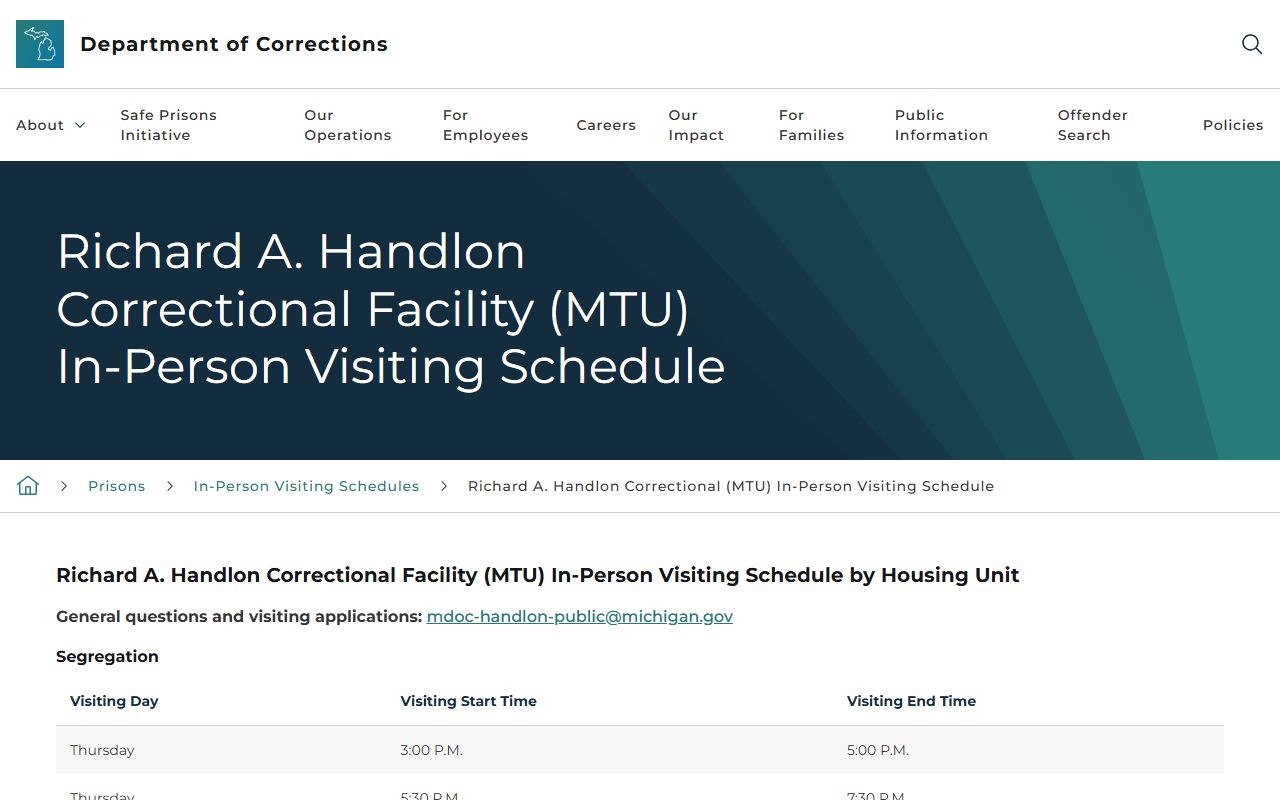 Richard A. Handlon Correctional Facility inmate visiting schedule by housing unit
