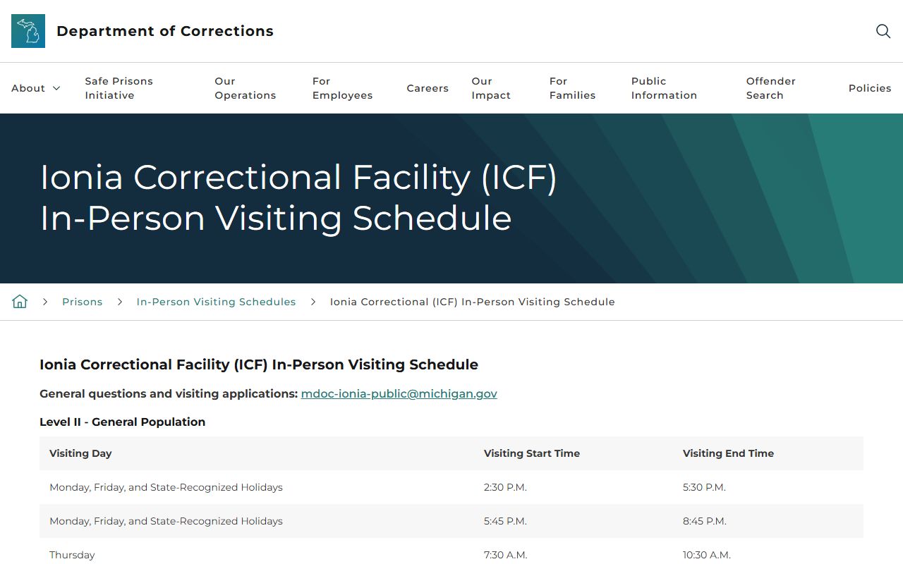 Ionia Correctional Facility inmate visiting schedule by security group